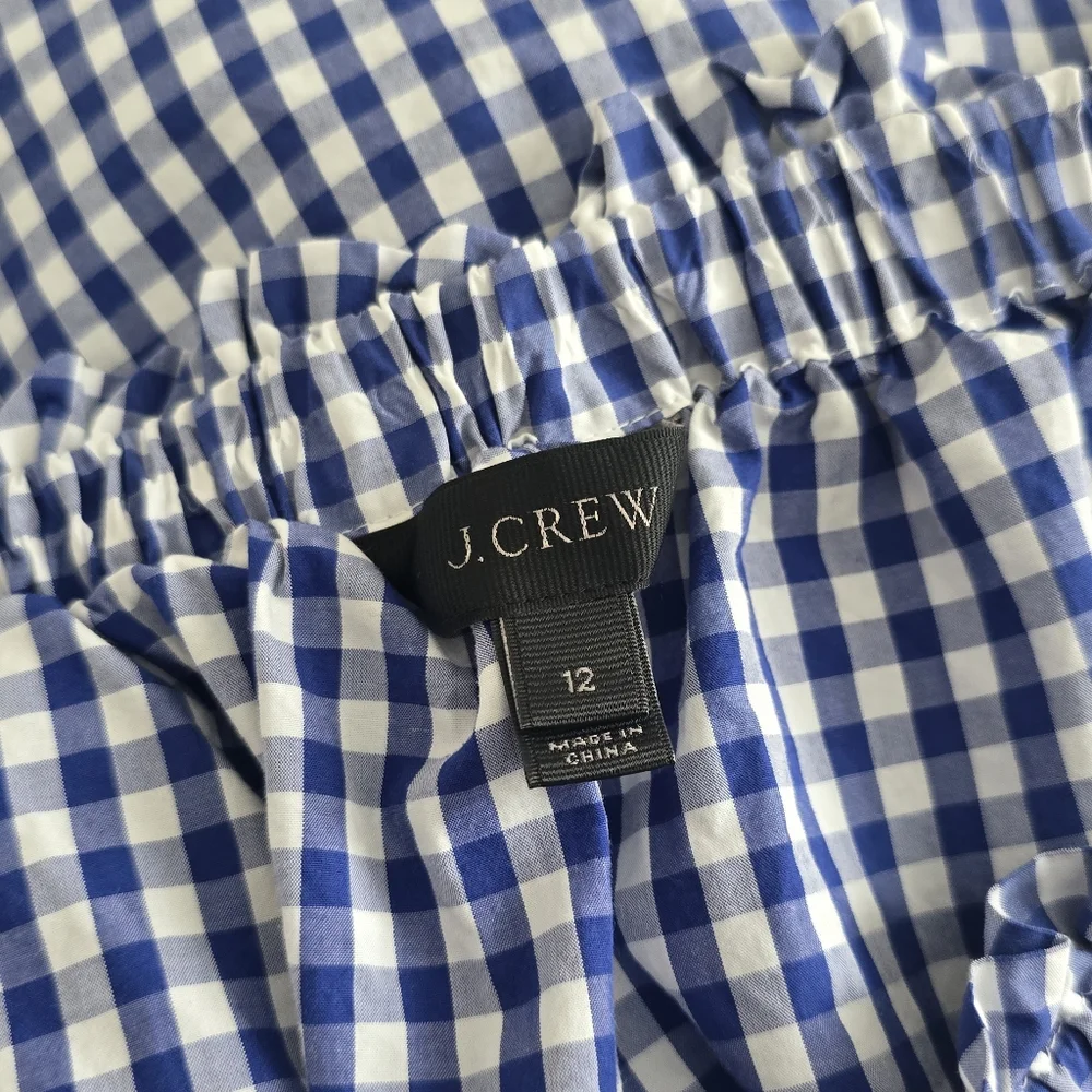 J.Crew Off the Shoulder Top in Gingham Blue Sapphire White Cotton Tie Knots